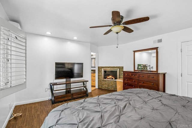 1923 Hidden Mesa Rd, El Cajon, CA 92019 - bedroom with baseboards, wood finished floors, a multi sided fireplace, recessed lighting, and a ceiling fan