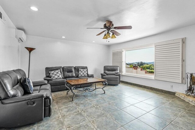 1923 Hidden Mesa Rd, El Cajon, CA 92019 - tiled living room featuring ceiling fan, a wall mounted AC, and recessed lighting