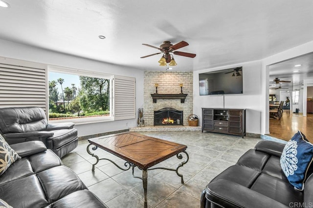 1923 Hidden Mesa Rd, El Cajon, CA 92019 - tiled living area featuring ceiling fan, healthy amount of natural light, recessed lighting, and a brick fireplace