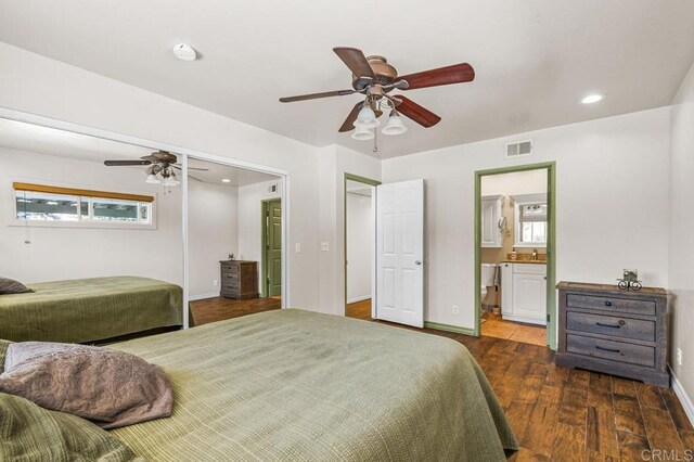 1923 Hidden Mesa Rd, El Cajon, CA 92019 - bedroom with wood finished floors, connected bathroom, a ceiling fan, and recessed lighting