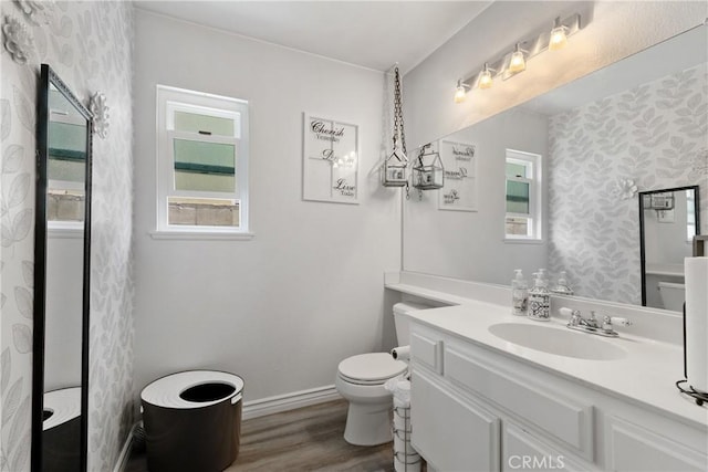 39985 Falcon Way, Murrieta, CA 92562 - bathroom featuring toilet, wallpapered walls, vanity, wood finished floors, and healthy amount of natural light