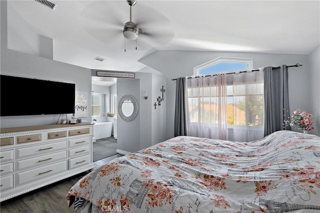 39985 Falcon Way, Murrieta, CA 92562 - bedroom featuring lofted ceiling, multiple windows, dark wood-style flooring, and ceiling fan