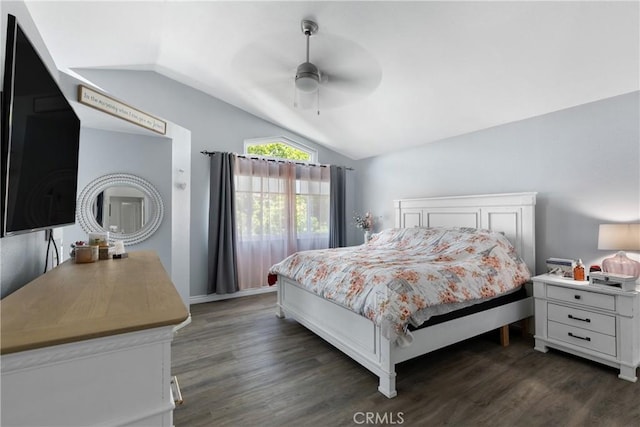 39985 Falcon Way, Murrieta, CA 92562 - bedroom featuring vaulted ceiling, dark wood-style flooring, and a ceiling fan