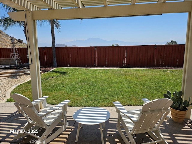200 Janzen Way, Hemet, CA 92545 - fenced backyard featuring a pergola, a patio area, and a mountain view
