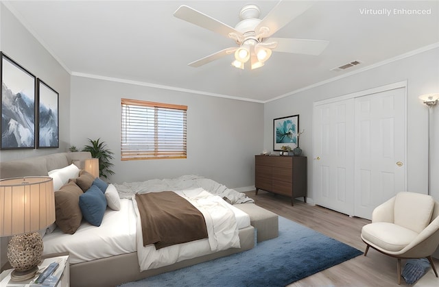 9135 W Rancho Park Cir, Rancho Cucamonga, CA 91730 - bedroom with wood finished floors, crown molding, a closet, and ceiling fan