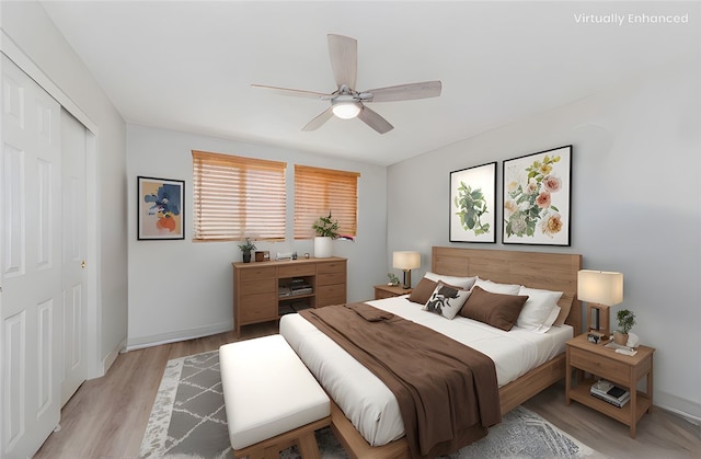 9135 W Rancho Park Cir, Rancho Cucamonga, CA 91730 - bedroom with a closet, light wood finished floors, and a ceiling fan