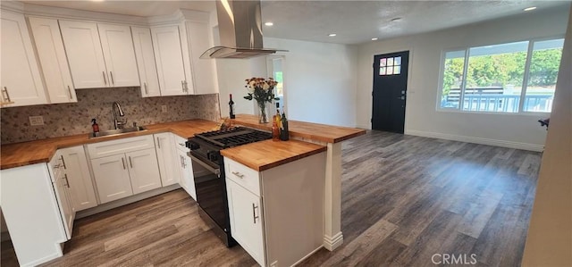 5818 Tyler St, Riverside, CA 92503 - kitchen featuring butcher block countertops, wall chimney range hood, black gas range oven, a sink, and a peninsula
