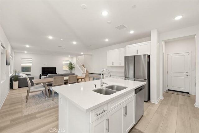 4745 S Mae Way, Ontario, CA 91762 - kitchen featuring a sink, appliances with stainless steel finishes, light wood-style floors, white cabinetry, and recessed lighting