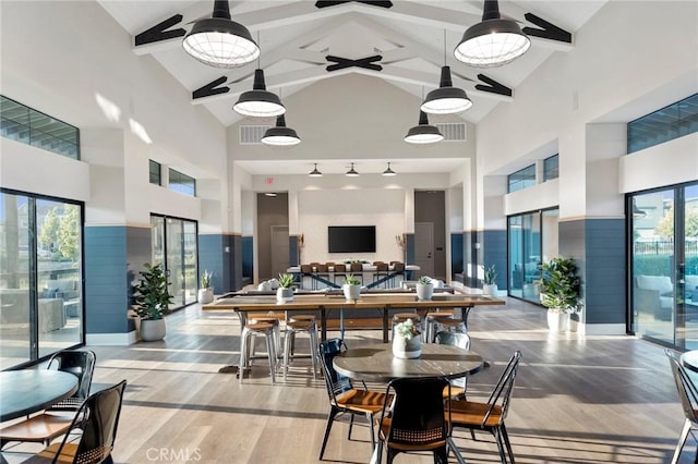 4745 S Mae Way, Ontario, CA 91762 - dining room featuring high vaulted ceiling, light wood finished floors, and beamed ceiling