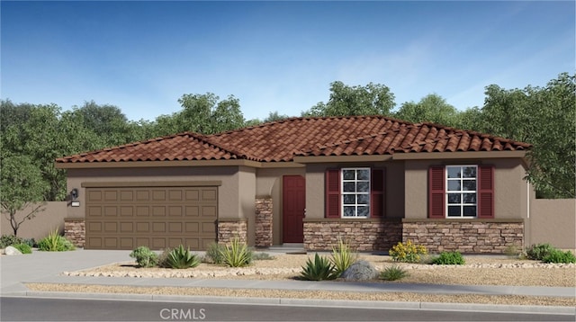 7651 Taylor Ave, Hesperia, CA 92345 - mediterranean / spanish house with stone siding, driveway, stucco siding, and a garage