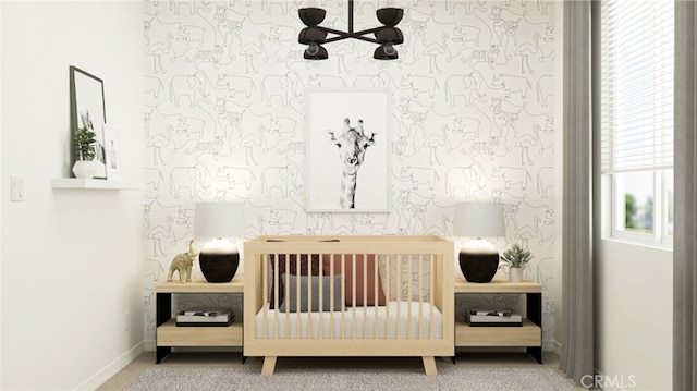 7651 Taylor Ave, Hesperia, CA 92345 - carpeted bedroom with baseboards, wallpapered walls, and a nursery area