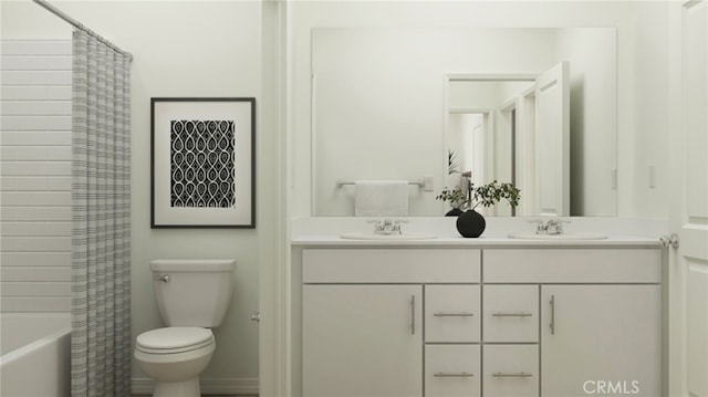 7651 Taylor Ave, Hesperia, CA 92345 - bathroom featuring double vanity, toilet, and shower / tub combo with curtain