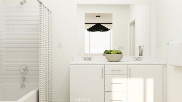 7651 Taylor Ave, Hesperia, CA 92345 - bathroom featuring shower / bathtub combination with curtain and double vanity