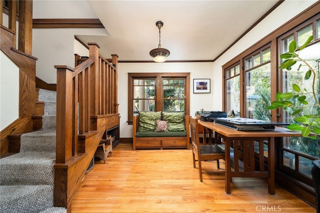 125 W 11th St, Claremont, CA 91711 - dining space with healthy amount of natural light, light wood finished floors, stairs, and ornamental molding