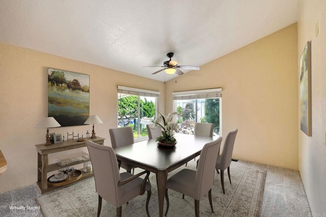 6496 Friendly Pl, Carlsbad, CA 92011 - carpeted dining area featuring ceiling fan and lofted ceiling