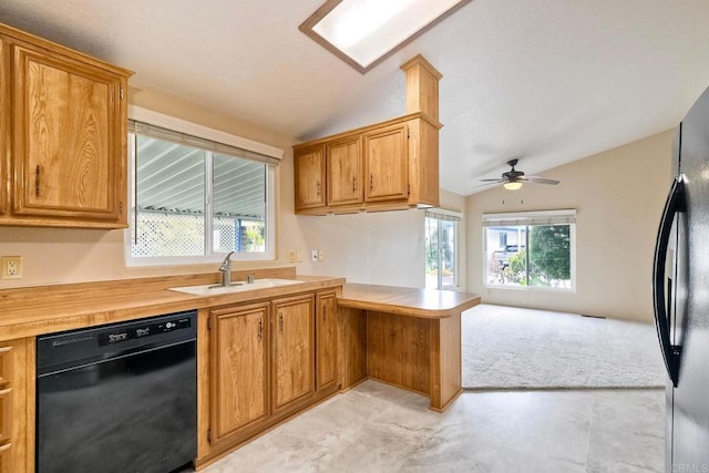 6496 Friendly Pl, Carlsbad, CA 92011 - kitchen featuring black appliances, lofted ceiling, a sink, open floor plan, and light countertops