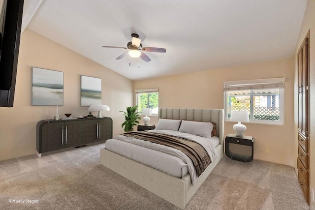 6496 Friendly Pl, Carlsbad, CA 92011 - bedroom featuring light carpet, vaulted ceiling, and ceiling fan
