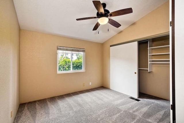 6496 Friendly Pl, Carlsbad, CA 92011 - unfurnished bedroom with carpet, vaulted ceiling, a closet, and a ceiling fan