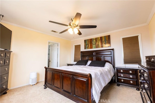 724 Forestview Ave, La Puente, CA 91746 - bedroom featuring light colored carpet, ornamental molding, ceiling fan, and baseboards