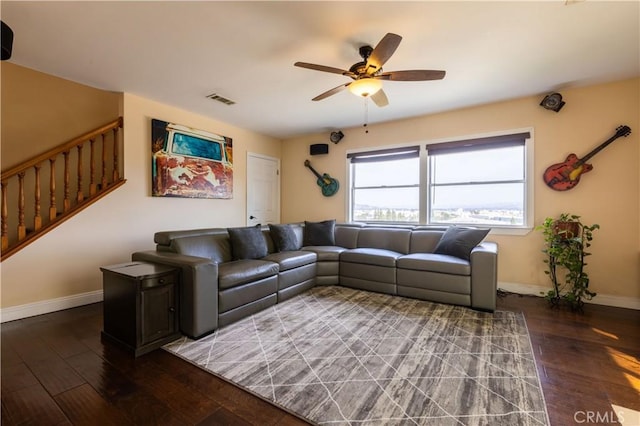 724 Forestview Ave, La Puente, CA 91746 - living area with baseboards, wood finished floors, a ceiling fan, and stairway
