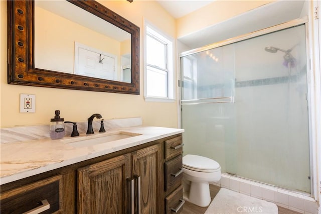 724 Forestview Ave, La Puente, CA 91746 - full bathroom featuring vanity, a shower stall, and toilet
