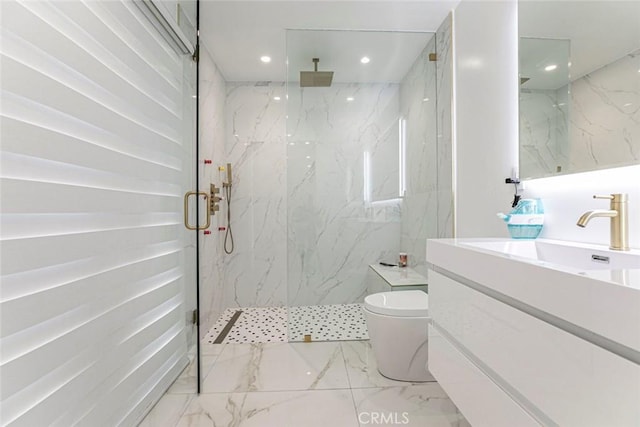 12410 Mclennan Ave, Granada Hills, CA 91344 - full bathroom featuring vanity, a marble finish shower, recessed lighting, and marble finish floors
