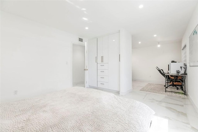 12410 Mclennan Ave, Granada Hills, CA 91344 - bedroom featuring light marble finish flooring, an office area, and recessed lighting