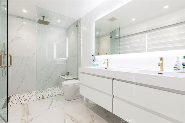 12410 Mclennan Ave, Granada Hills, CA 91344 - full bath featuring a marble finish shower, marble tiled floors, double vanity, and recessed lighting