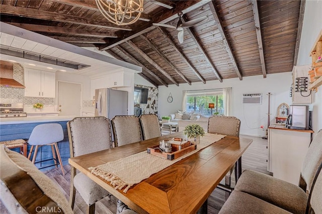 502 S Rosario Ave, San Jacinto, CA 92583 - dining room with wooden ceiling, light wood finished floors, a chandelier, and an AC wall unit