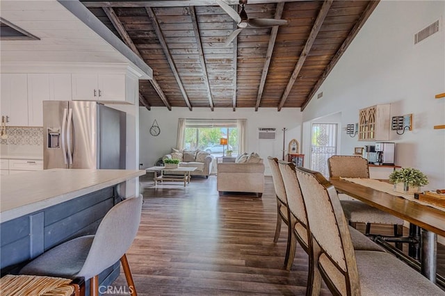 502 S Rosario Ave, San Jacinto, CA 92583 - dining space featuring wooden ceiling and dark wood-style floors