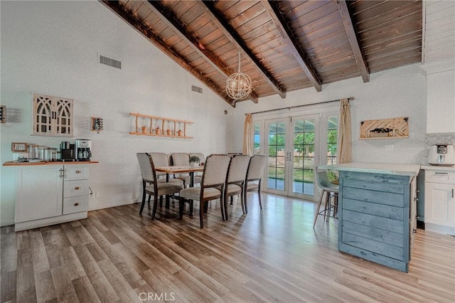 502 S Rosario Ave, San Jacinto, CA 92583 - dining room with wooden ceiling with exposed beams, wood finished floors, french doors, high vaulted ceiling, and a chandelier