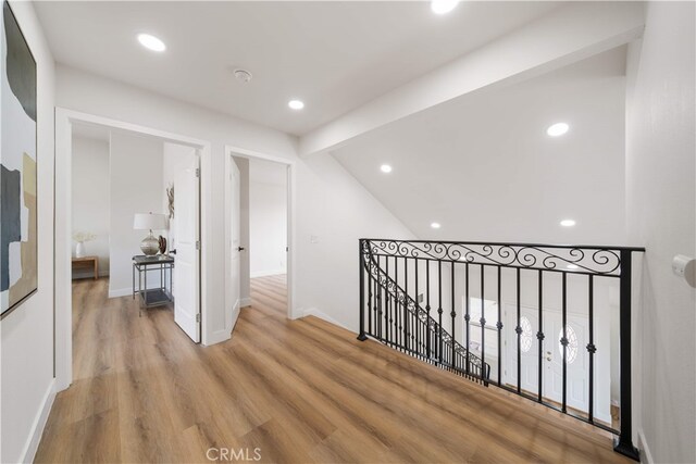 17585 Candela Dr, Rowland Heights, CA 91748 - corridor featuring an upstairs landing, wood finished floors, recessed lighting, and baseboards
