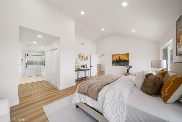 17585 Candela Dr, Rowland Heights, CA 91748 - bedroom with light wood-style floors, recessed lighting, lofted ceiling, a closet, and ensuite bath