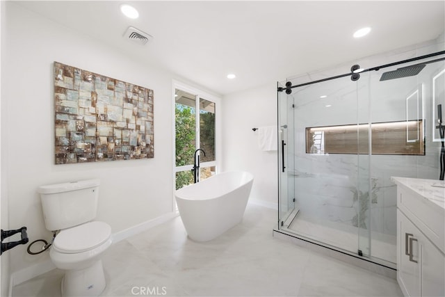 17585 Candela Dr, Rowland Heights, CA 91748 - full bath featuring a marble finish shower, a freestanding bath, vanity, baseboards, and recessed lighting