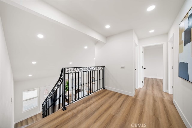 17585 Candela Dr, Rowland Heights, CA 91748 - hall featuring an upstairs landing, light wood finished floors, recessed lighting, and baseboards