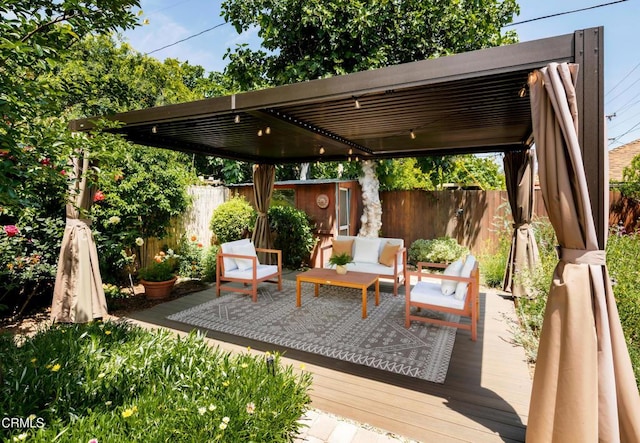 1364 N Harding Ave, Pasadena, CA 91104 - wooden deck featuring a fenced backyard, a pergola, an outdoor hangout area, and an outbuilding