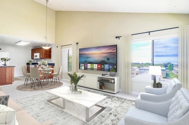 5605 Friars Rd Unit 323, San Diego, CA 92110 - living room with high vaulted ceiling and baseboards