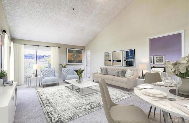 5605 Friars Rd Unit 323, San Diego, CA 92110 - living room featuring a textured ceiling, carpet floors, and high vaulted ceiling