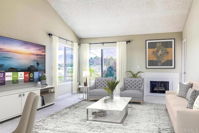 5605 Friars Rd Unit 323, San Diego, CA 92110 - living area with lofted ceiling, a textured ceiling, light carpet, baseboards, and a glass covered fireplace