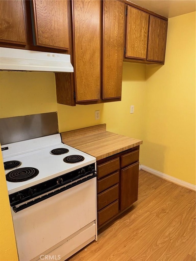 20930 Parthenia St Unit 109, Canoga Park, CA 91304 - kitchen with under cabinet range hood, white electric stove, light wood-type flooring, light countertops, and baseboards