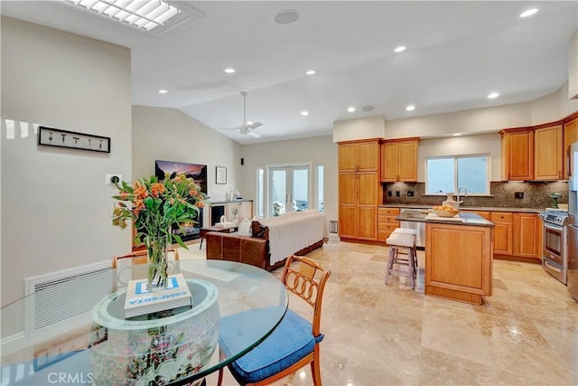 1806 Lake St, Huntington Beach, CA 92648 - dining space with ceiling fan, lofted ceiling, and recessed lighting