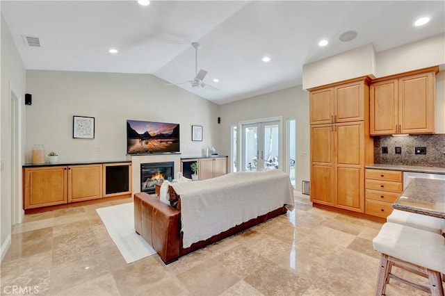 1806 Lake St, Huntington Beach, CA 92648 - living room with vaulted ceiling, ceiling fan, and recessed lighting