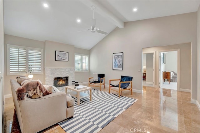 1806 Lake St, Huntington Beach, CA 92648 - living room with a fireplace, ceiling fan, beamed ceiling, baseboards, and recessed lighting