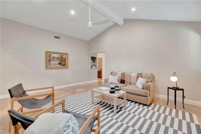 1806 Lake St, Huntington Beach, CA 92648 - living area featuring ceiling fan, beam ceiling, baseboards, recessed lighting, and high vaulted ceiling