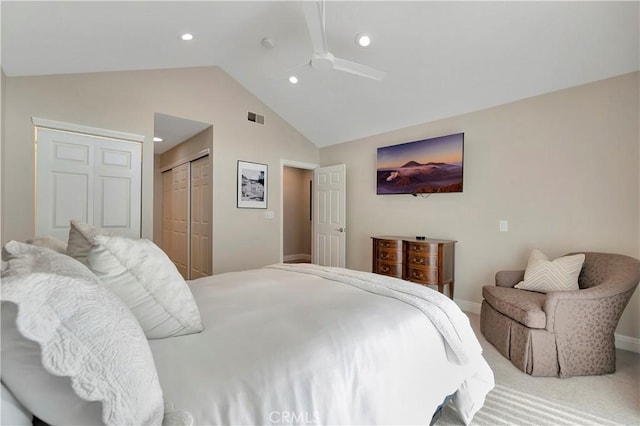 1806 Lake St, Huntington Beach, CA 92648 - carpeted bedroom with a closet, recessed lighting, baseboards, a ceiling fan, and high vaulted ceiling