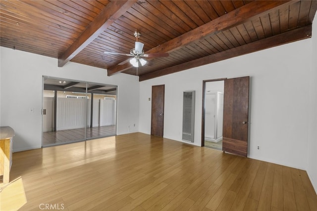 6031 Beck Ave, North Hollywood, CA 91606 - unfurnished room with wood ceiling with exposed beams, a heating unit, wood finished floors, and ceiling fan