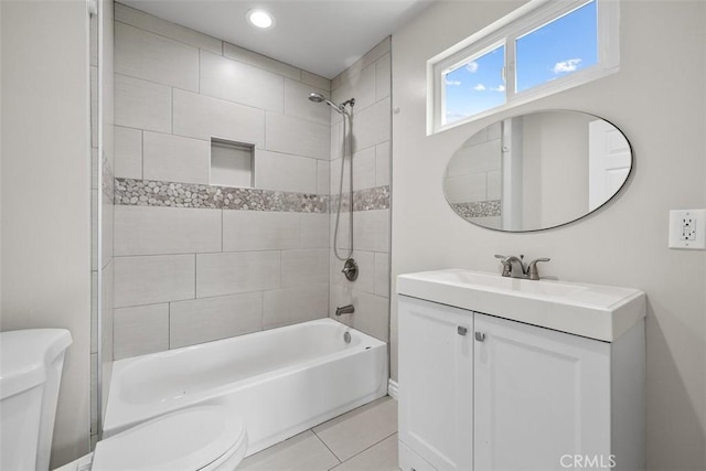 13339 Bonanza St, Arleta, CA 91331 - bathroom with toilet, shower / washtub combination, vanity, tile patterned flooring, and recessed lighting