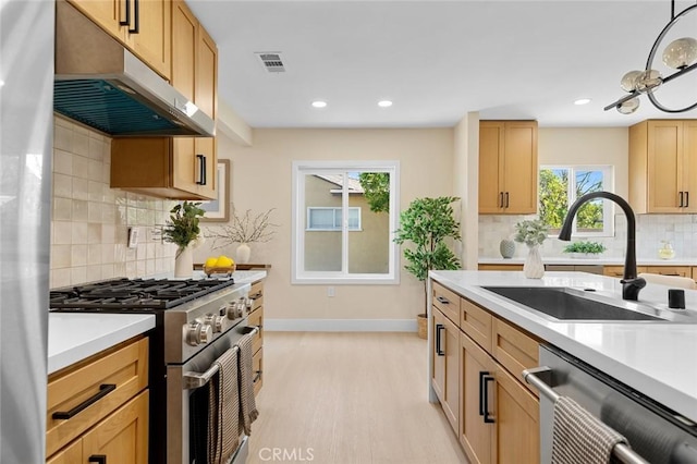 11091 Ranger Dr, Los Alamitos, CA 90720 - kitchen featuring stainless steel appliances, under cabinet range hood, a sink, light countertops, and recessed lighting