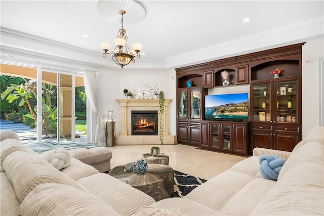 553 Woodward Blvd, Pasadena, CA 91107 - living area with light tile patterned flooring, a chandelier, recessed lighting, a glass covered fireplace, and ornamental molding