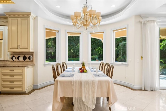 553 Woodward Blvd, Pasadena, CA 91107 - dining area featuring light tile patterned floors, a chandelier, baseboards, a raised ceiling, and recessed lighting